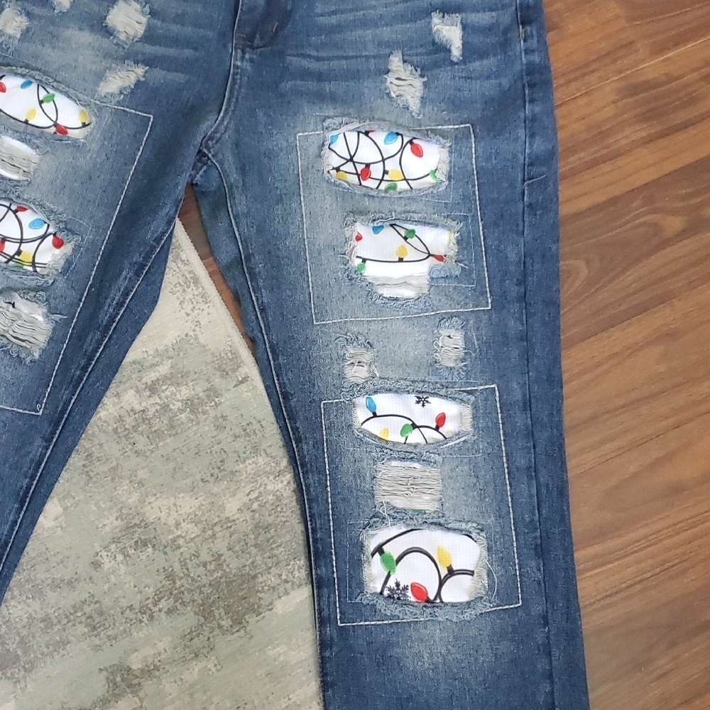 Blue Distressed Jeans with Christmas Lights Design - Picture 4 of 9
